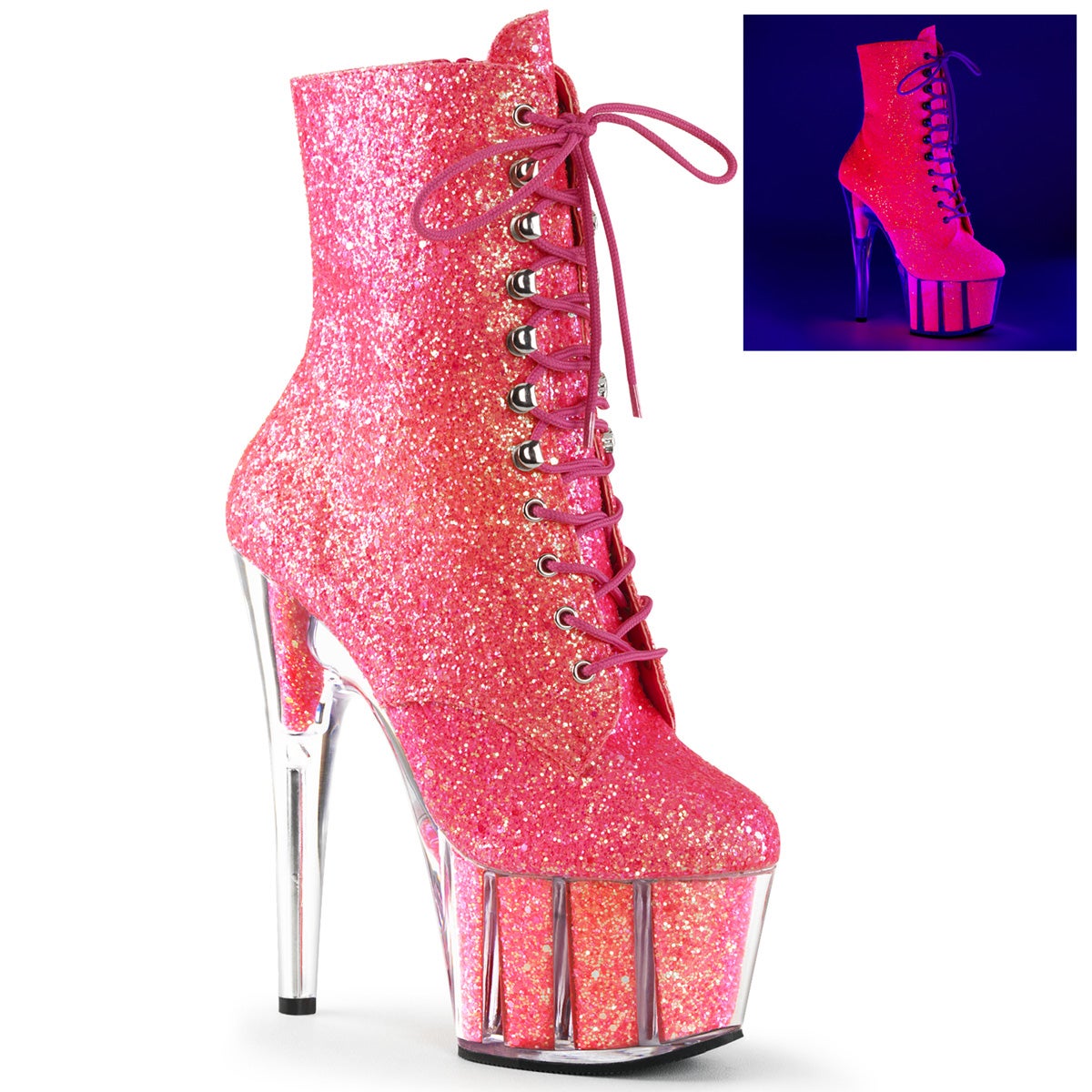 Pleaser Adore 7 inch Glitter Boots Neon Pink ADO1020G NPNK M Pink Kitten Emporium Bristol UK